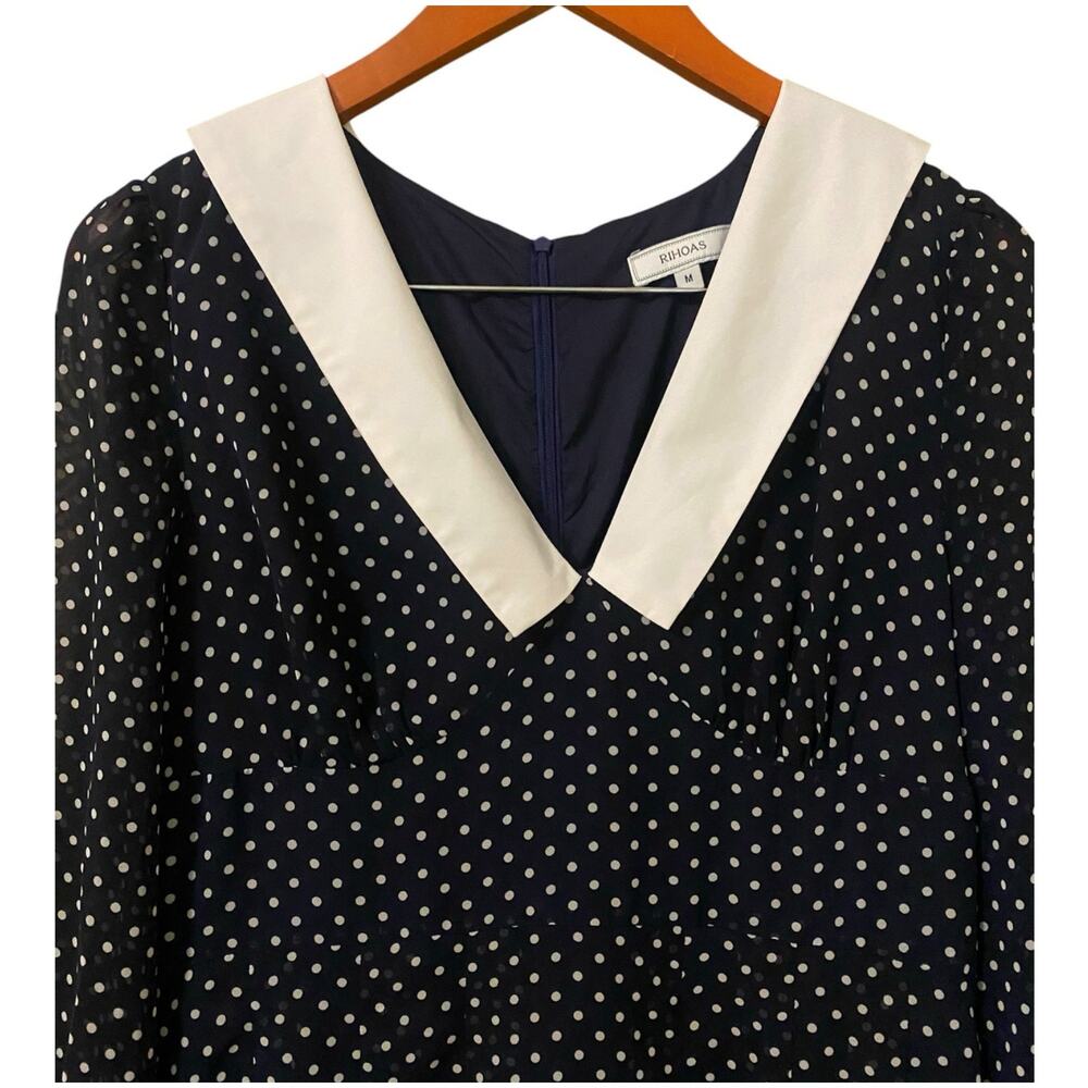 Rihoas Polka Dot Midi Dress Medium Peter Pan Puritan Collar Navy Blue White - Picture 5 of 9
